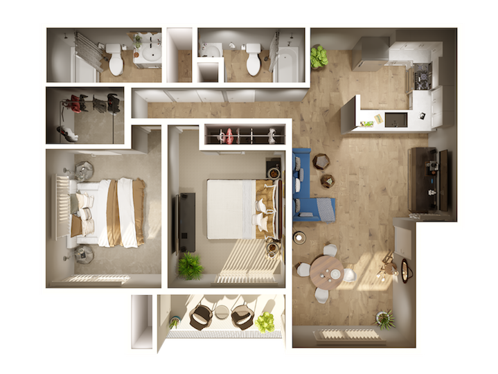 Floor plan for 2 beds, 2 baths, 952 sqft